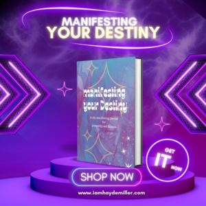 different shades of purple with stars and bold letters title Manifesting your Destiny