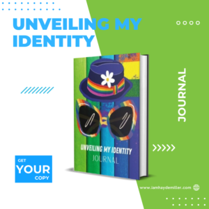 Rainbow color journal with a hat and glasses titled unveiling my identity
