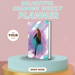 The beautiful purplr and teal book with a woman of empowermenttitled Delightful shadows weekly planner