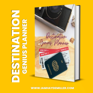 An simple planner with travel images titled Destination Genius planner with camera and passport images