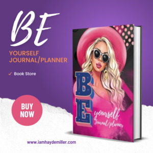 This vibrant pink and purple planner with a beautiful women with a pink hat titled Be yourself Planner
