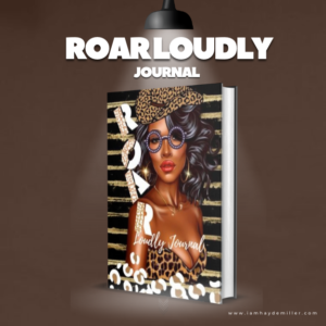 Leopard print cover with a beautiful black woman with classy glasses called Roar loudly journal