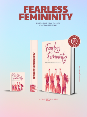 A pink and red with women empowerment titled- fearless femininity